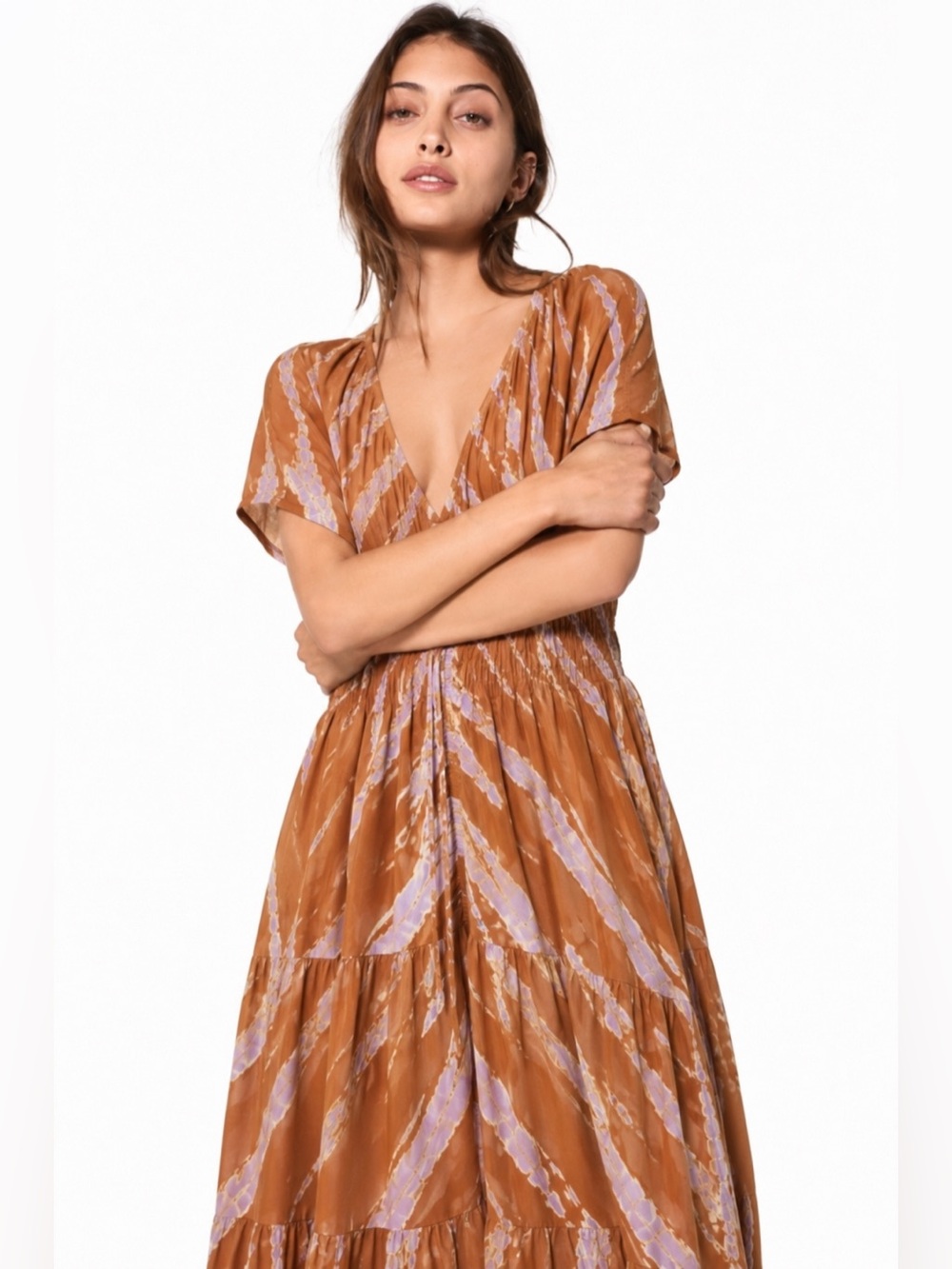 YFB Tie Dye Boho Maxi Dress Size S Brown Lavender Flutter Sleeve Pocket
